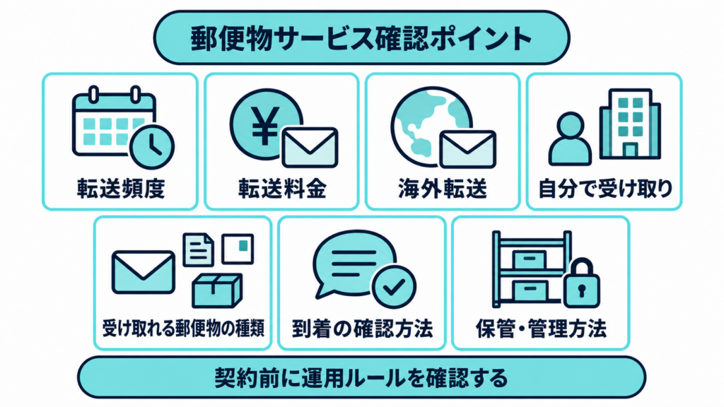 「郵便物サービス確認ポイント」の見出しの下に、転送頻度・転送料金・海外転送・自分で受け取り・受け取れる郵便物の種類・到着の確認方法・保管管理方法の7項目、下部に「契約前に運用ルールを確認する」の文字