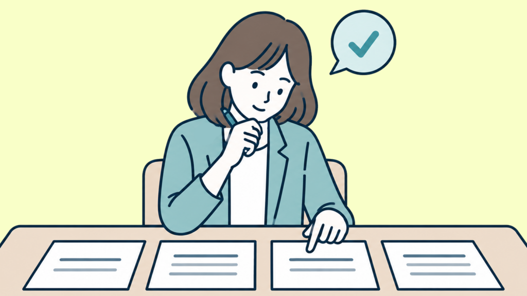 書類を見比べながら確認するスーツ姿の女性のイラスト