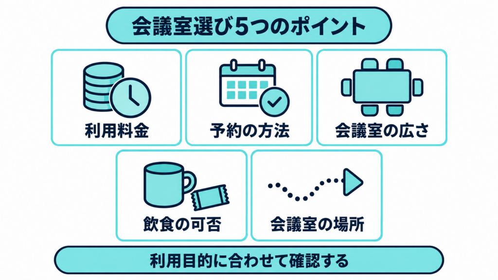 「会議室選び5つのポイント」の見出しの下に、利用料金・予約の方法・会議室の広さ・飲食の可否・会議室の場所の5項目、下部に「利用目的に合わせて確認する」の文字