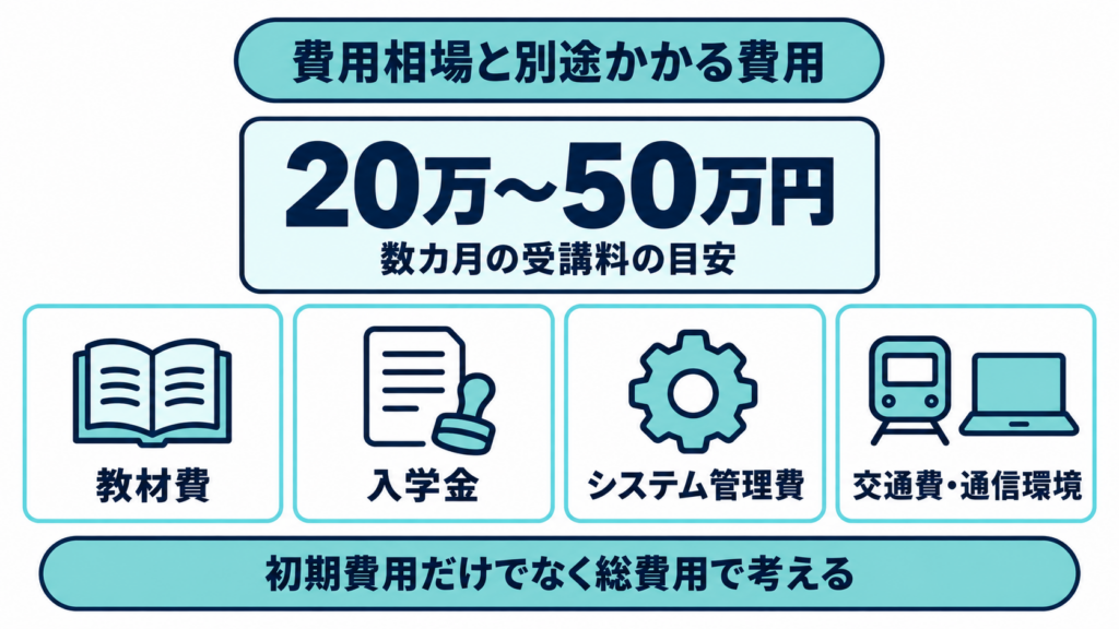 「費用相場と別途かかる費用」の見出しの下に「20万〜50万円 数カ月の受講料の目安」、教材費・入学金・システム管理費・交通費通信環境の4項目、下部に「初期費用だけでなく総費用で考える」の文字