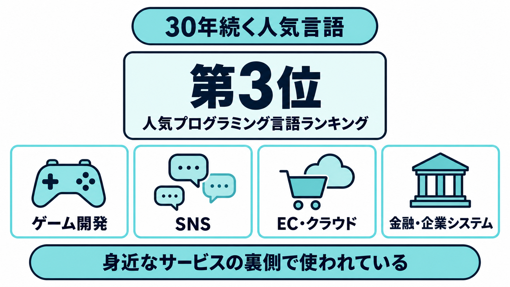 「30年続く人気言語」の見出しの下に「第3位 人気プログラミング言語ランキング」、ゲーム開発・SNS・ECクラウド・金融企業システムの4項目、下部に「身近なサービスの裏側で使われている」の文字