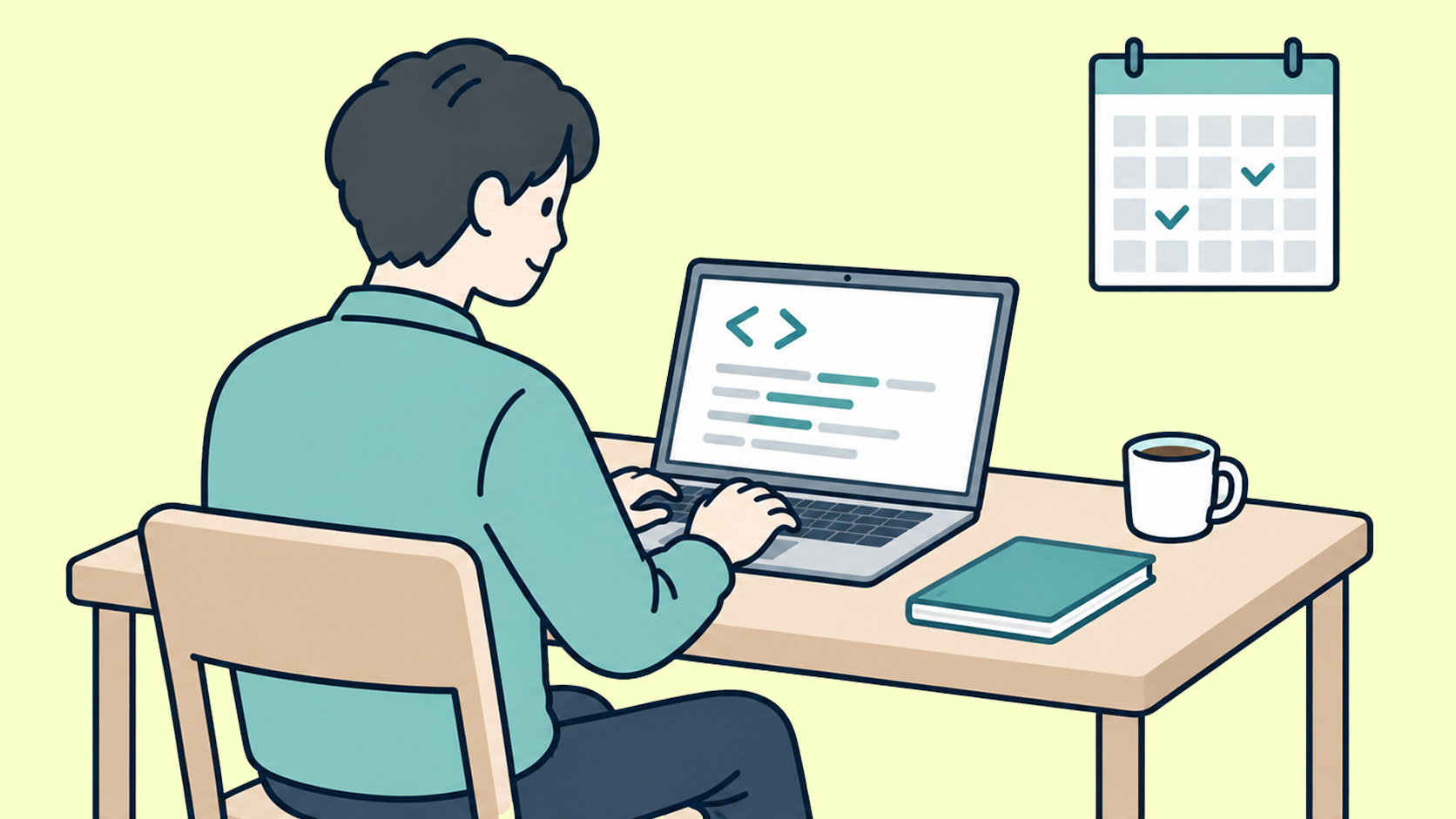 ノートパソコンでコードを書く男性のイラスト、机の上のマグカップと本、壁のカレンダー