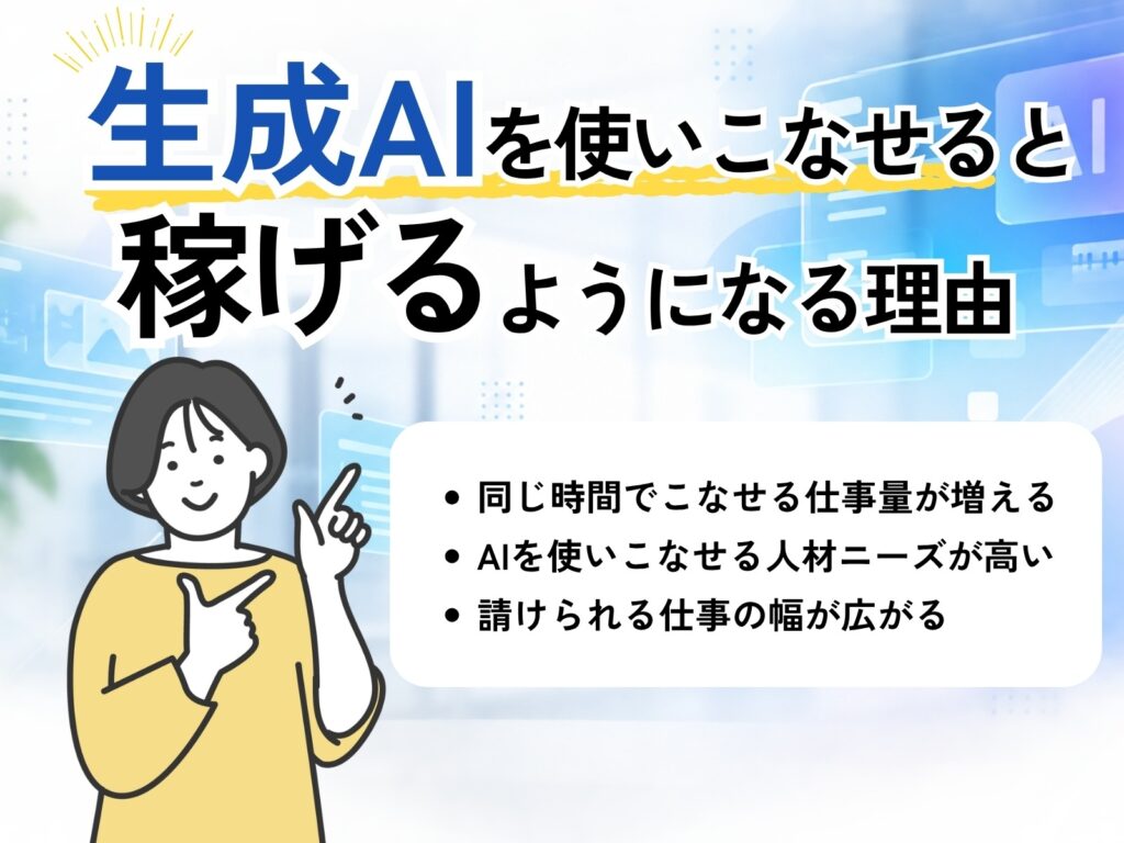 生成AIを使いこなせるようになると稼げるようになる理由を記載したオリジナルイラスト